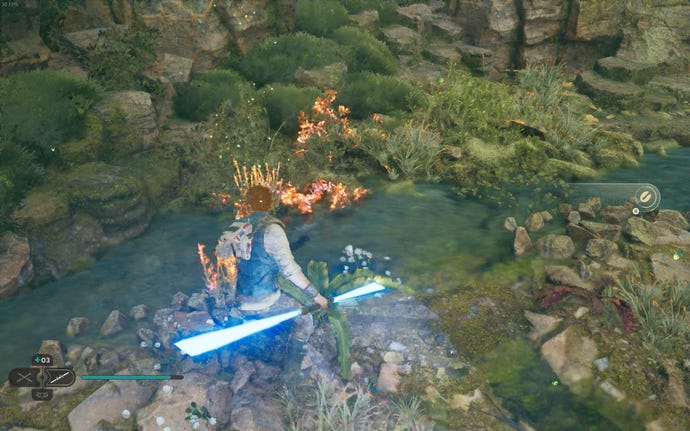 Cal slashes a plant in the Basalt Rift in Jedi: Survivor.