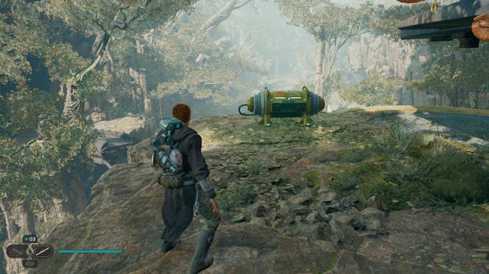 Cal approaches a Stim Canister container in the Basalt Rift on Koboh in Jedi: Survivor.
