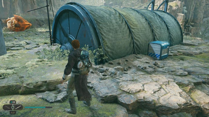 Cal spots a chest behind a tent-like structure in a Bilemaw Den on Koboh, in Jedi: Survivor.