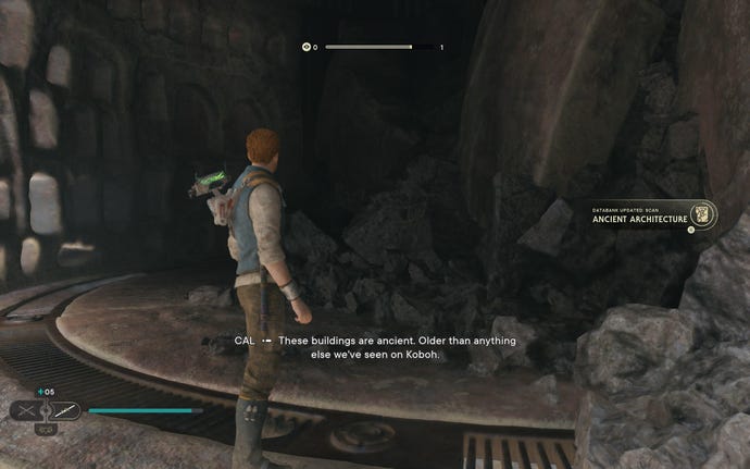 Cal scans a databank entry on Koboh in Jedi: Survivor.