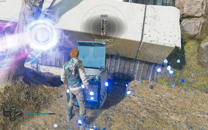 Cal opens a chest next to a beam of energy on Koboh in Jedi: Survivor.