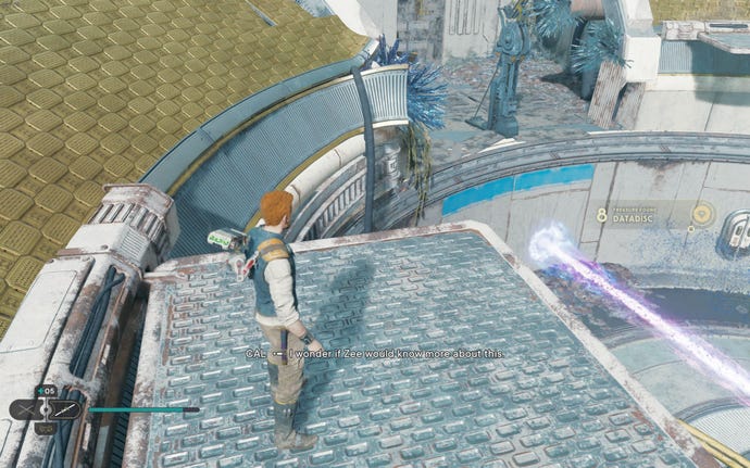 Cal approaches a datadisc in the Forest Array on Koboh in Jedi: Survivor.