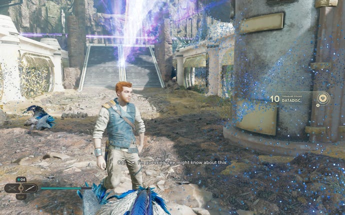 Cal approaches a datadisc in the Forest Array on Koboh in Jedi: Survivor.