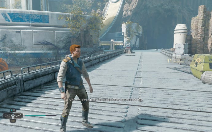 Cal approaches a datadisc in the Forest Array on Koboh in Jedi: Survivor.