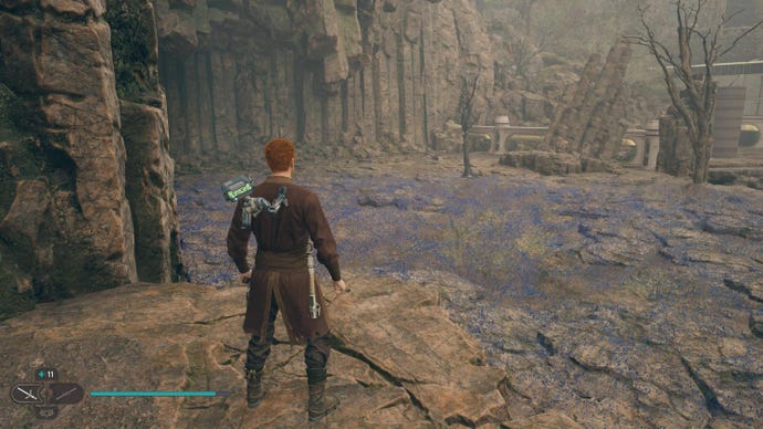 Cal approaches a datadisc in the Forest Array on Koboh in Jedi: Survivor.