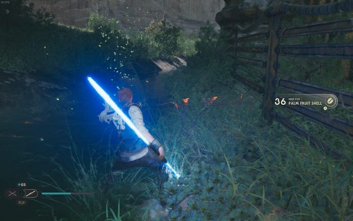 Cal cuts down a plant on Koboh in Jedi: Survivor.