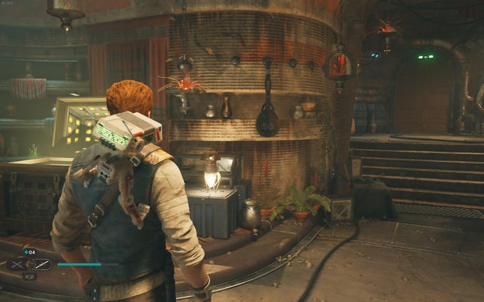 Cal scans a databank entry in Pyloon's Saloon in Jedi: Survivor.