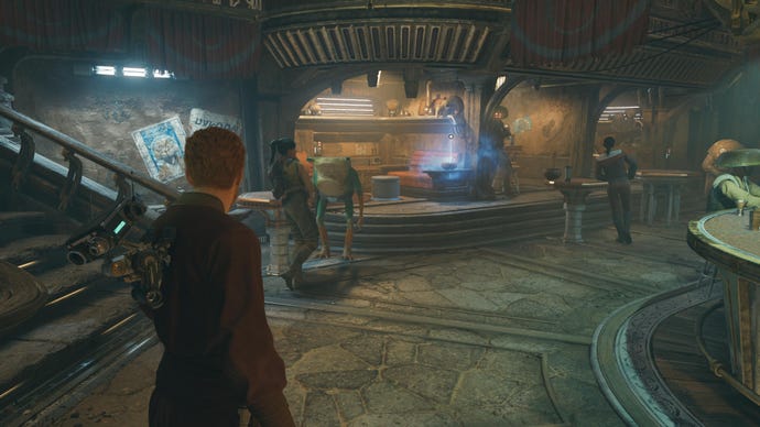 Cal walks towards a Force Echo in Pyloon's Saloon in Jedi: Survivor.