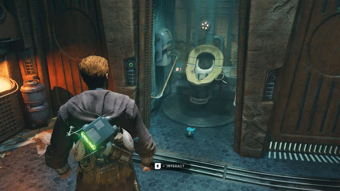 Cal looks at a Priorite Shard in a toilet cubicle in Pyloon's Saloon, in Jedi: Survivor.