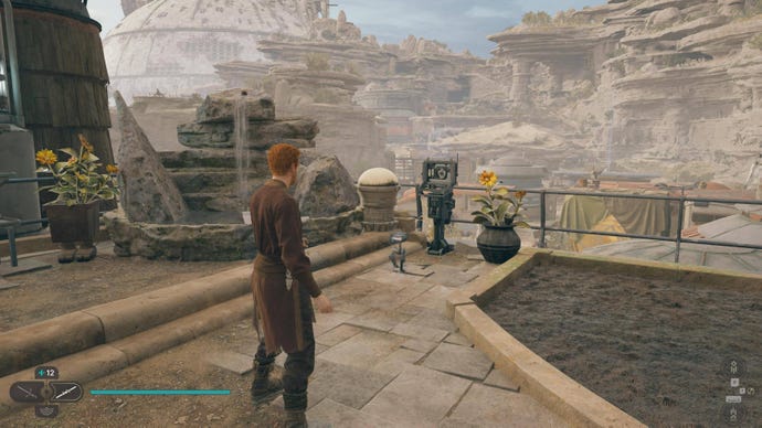 Cal approaches a terminal by the garden above Pyloon's Saloon in Jedi: Survivor.