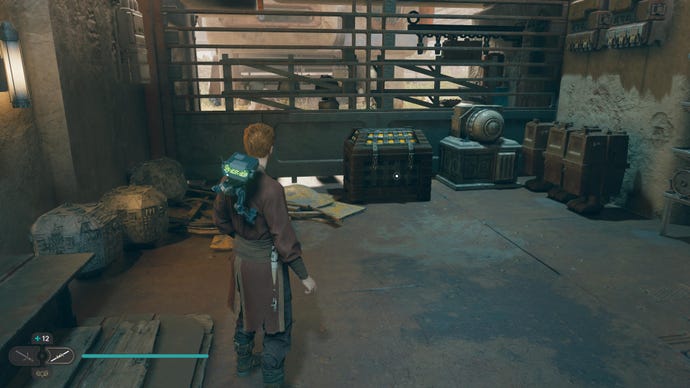 Cal approaches a large chest in Rambler's Reach Outpost in Jedi: Survivor.