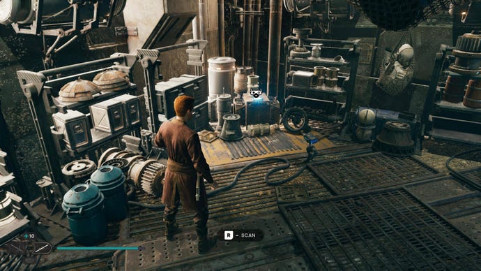 Cal scans a databank entry in Rambler's Reach Outpost in Jedi: Survivor.
