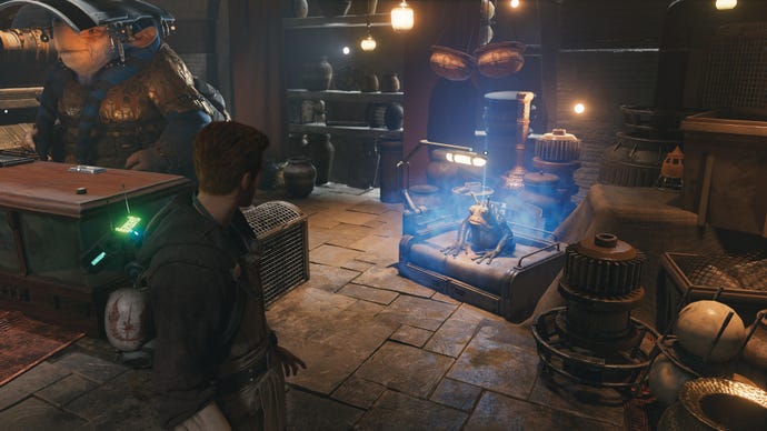 Cal surveys a frog-like creature in Doma's shop on Koboh, in Jedi: Survivor.