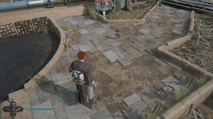 Cal looks towards a plant growing naturally in his garden atop Pyloon's Saloon in Jedi: Survivor.