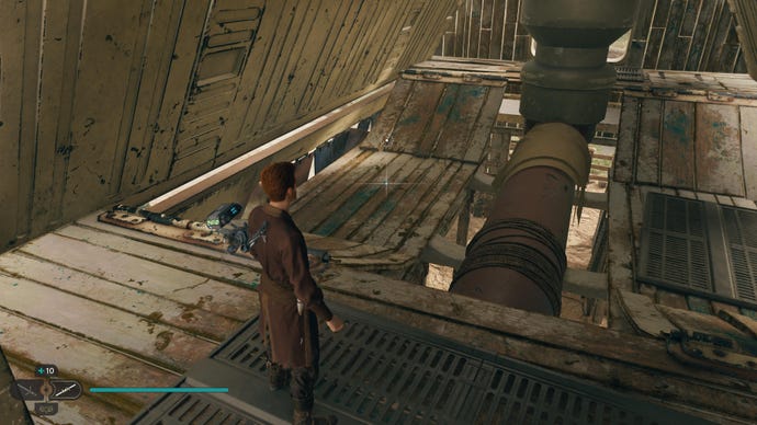 Cal looks at a Priorite Shard in a building of Rambler's Reach Outpost in Jedi: Survivor.