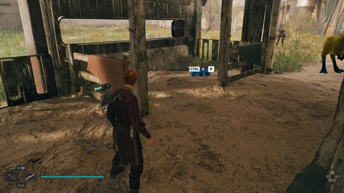 Cal Force Lifts up some dung in the Rambler's Reach Outpost stables in Jedi: Survivor.
