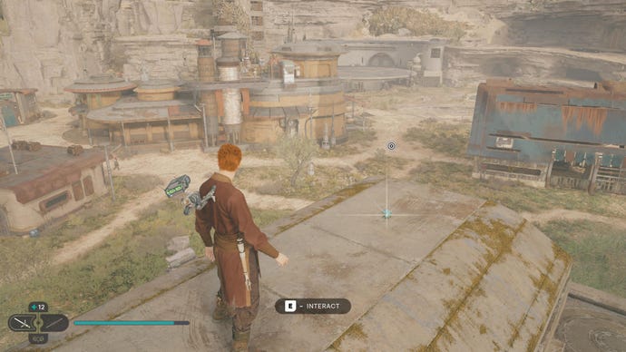 Cal finds a Priorite Shard atop a building roof in Rambler's Reach Outpost in Jedi: Survivor.