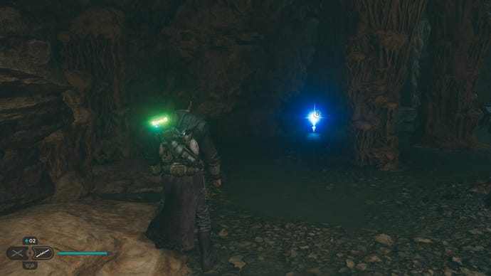 Cal approaches a Skill Point Essence in the Smuggler's Tunnels in Jedi: Survivor.