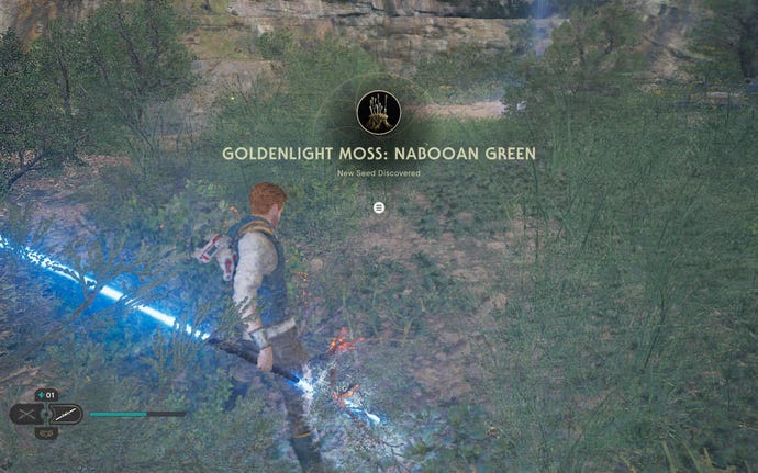 Cal cuts down a glowing plant in Swindler's Wash on Koboh in Jedi: Survivor.
