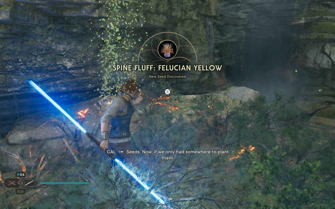 Cal cuts down a glowing plant in Swindler's Wash on Koboh in Jedi: Survivor.