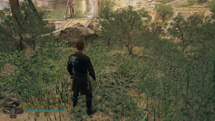 Cal approaches a glowing plant in Swindler's Wash on Koboh in Jedi: Survivor.