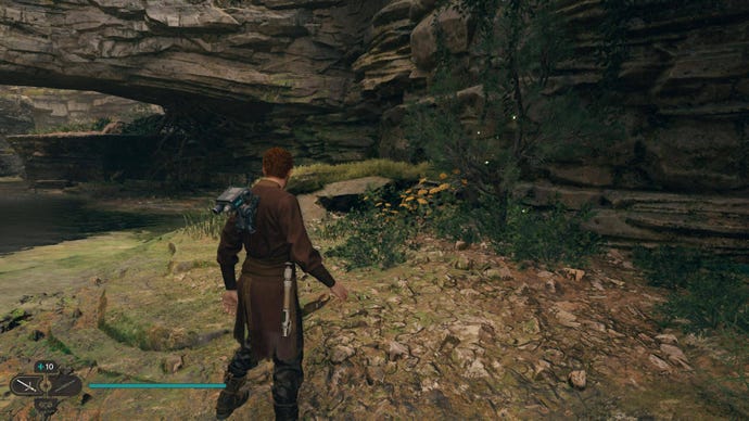 Cal approaches a glowing plant in Swindler's Wash on Koboh in Jedi: Survivor.