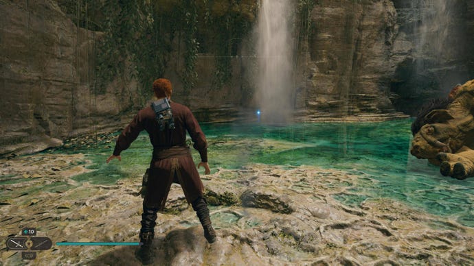 Cal spots an Essence hidden behind a waterfall on Koboh in Jedi: Survivor.