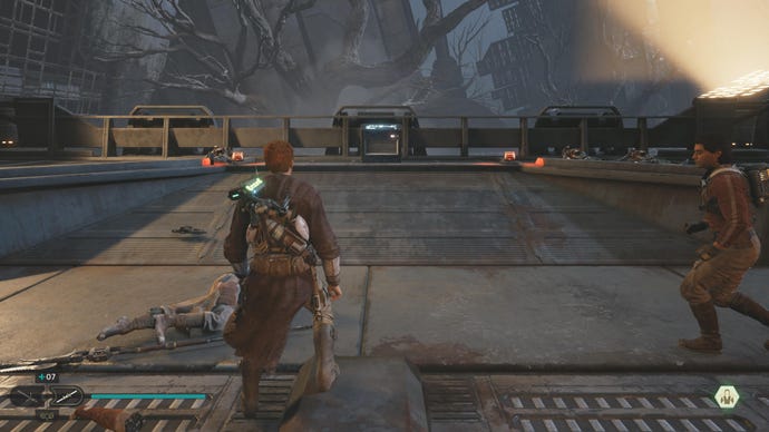 Cal approaches and picks up a collectible on Koboh in Jedi: Survivor.