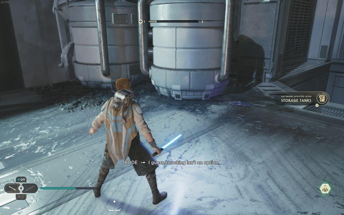 Cal approaches and picks up a collectible on Koboh in Jedi: Survivor.