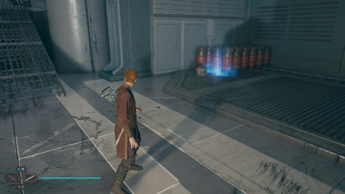 Cal approaches and picks up a collectible on Koboh in Jedi: Survivor.