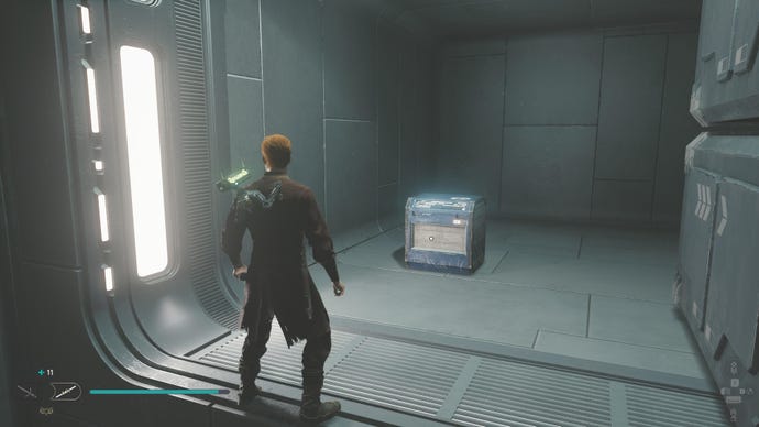 Cal approaches and picks up a collectible on Koboh in Jedi: Survivor.