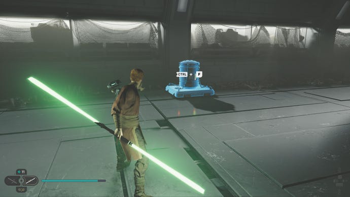 Cal approaches and picks up a collectible on Koboh in Jedi: Survivor.