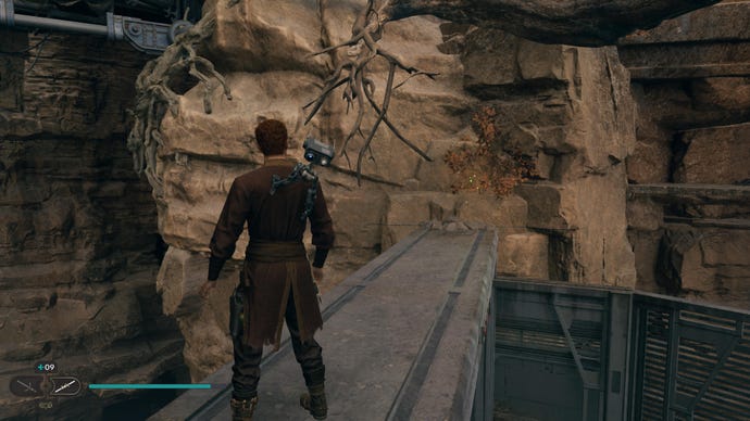 Cal approaches and picks up a collectible item on Koboh in Jedi: Survivor.