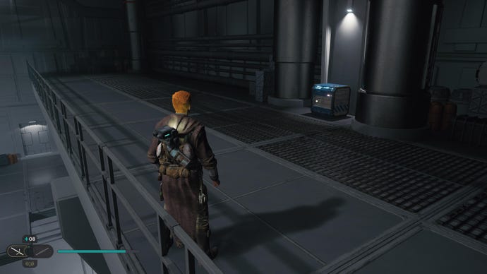 Cal approaches a chest in the Hangar Bay of Nova Garon in Jedi: Survivor.