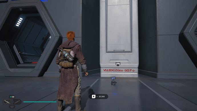 Cal permite que BD-1 escanee una pared con algunos glifos en una base imperial en Nova Garon en Jedi: Survivor.