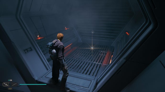Cal approaches a Priorite Shard on the floor in a Nova Garon corridor in Jedi: Survivor.