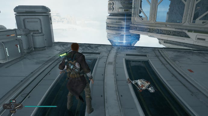 Cal approaches and picks up a collectible item on Koboh in Jedi: Survivor.
