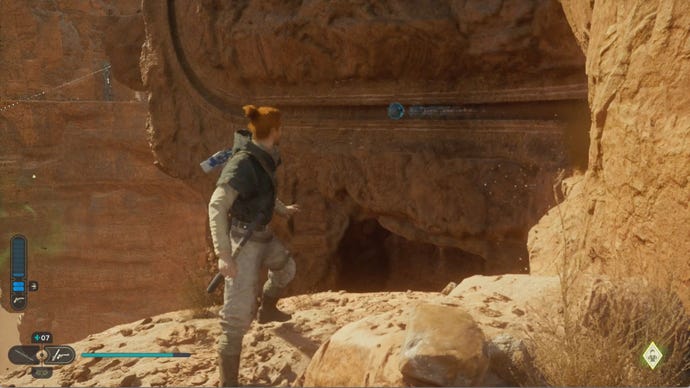 Cal empuja una esfera hacia arriba de una pared vertical en Star Wars Jedi: Survivor Path of Persistence.