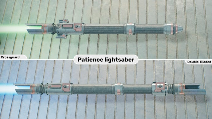 Duas imagens em close-up do sabre de luz de paciência em Jedi: Survivor. A imagem superior é do sabre de luz em forma de guarda cruzada com uma lâmina verde, enquanto a imagem inferior é da forma de lâmina dupla com uma lâmina azul