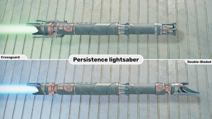 Two close-up images of the Persistence lightsaber in Jedi: Survivor. The top image is of the lightsaber in Crossguard form with a green blade, while the bottom image is of the double-bladed form with a blue blade.
