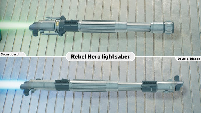 Dos imágenes de primer plano del sable de luz Rebel Hero en Jedi: Survivor.  La imagen superior es del sable de luz en forma de Crossguard con una hoja verde, mientras que la imagen inferior es de la forma de doble hoja con una hoja azul.