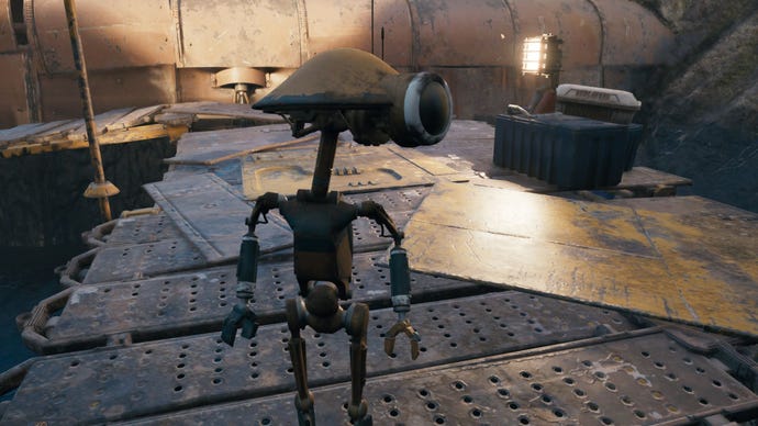 Star Wars Jedi: Survivor recruit the Pit Droid is worried about its stuck ship.