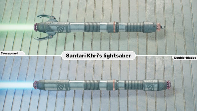 Two close-up images of the Santari Khri lightsaber in Jedi: Survivor. The top image is of the lightsaber in Crossguard form with a green blade, while the bottom image is of the double-bladed form with a blue blade.