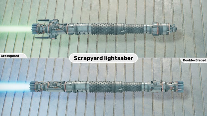 Two close-up images of the Scrapyard lightsaber in Jedi: Survivor. The top image is of the lightsaber in Crossguard form with a green blade, while the bottom image is of the double-bladed form with a blue blade.