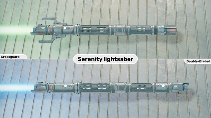 Dos imágenes de primer plano del sable de luz Serenity en Jedi: Survivor.  La imagen superior es del sable de luz en forma de Crossguard con una hoja verde, mientras que la imagen inferior es de la forma de doble hoja con una hoja azul.