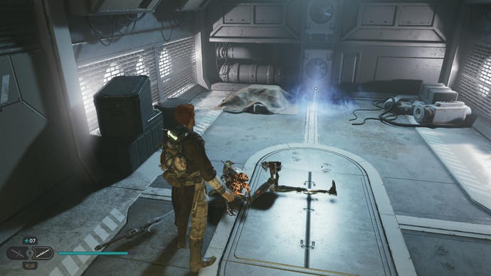 Cal approaches a Force Echo on the ground of a room on Shattered Moon in Jedi: Survivor.