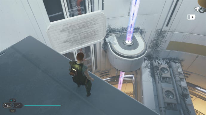 Cal looks down a ledge in the Republic Research Lab on Shattered Moon in Jedi: Survivor, and spots a Datadisc to collect.