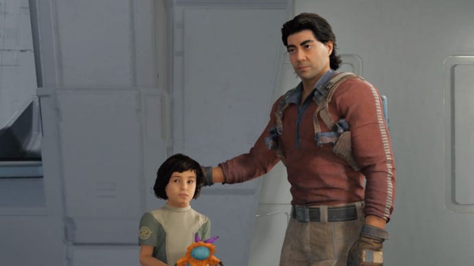 Bode stands with his daughter, Kata in the Star Wars Jedi: Survivor story.