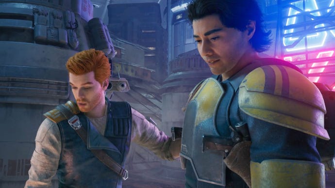 Cal Kestis and Bode Akuna in Coruscant in the Star Wars Jedi: Survivor story.