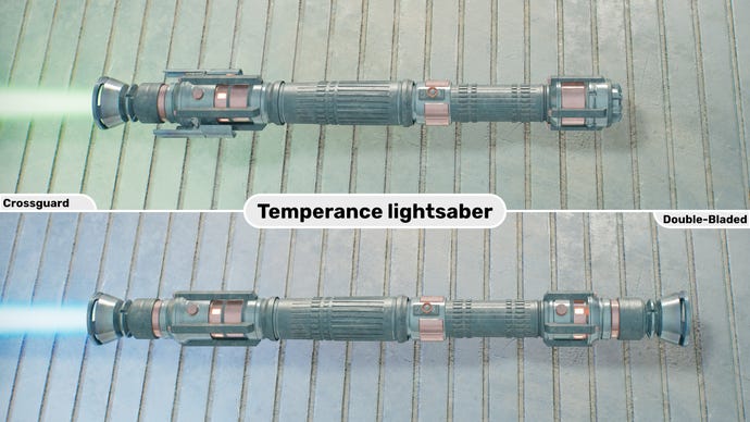 Dua gambar close-up dari Lightsaber Temperance di Jedi: Survivor. Gambar atas adalah dari lightsaber dalam bentuk crossguard dengan pisau hijau, sedangkan gambar bawah dari bentuk berbilah ganda dengan pisau biru